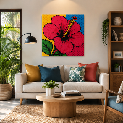 A colorful pop-art style wall art canvas featuring a large pink hibiscus flower, displayed above a modern beige sofa in a styled living room.