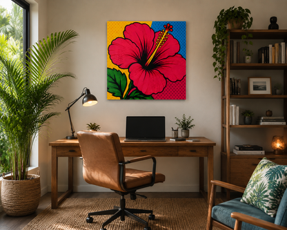 A colorful pop-art style wall art print featuring a large pink hibiscus flower on a yellow and blue background, displayed above a wooden desk in a styled home office with a chair, lamp, plants, and shelving.