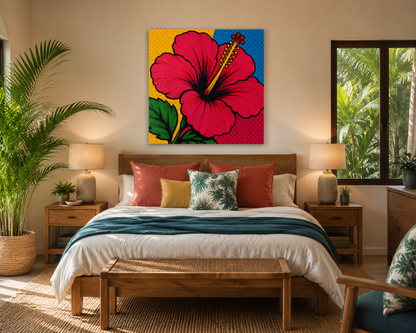 A colorful pop-art style floral wall art print featuring a large pink hibiscus flower on a yellow and blue background, displayed above a neatly made bed in a warm, modern bedroom.