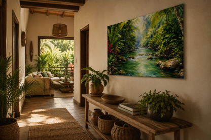 A large rectangular wall art print depicting a lush tropical jungle stream, displayed in a warm, modern boho-style living room interior with a wooden console table and plants.