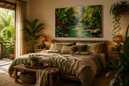 A large rectangular canvas print of a lush green tropical forest stream, styled in a warm, rustic bedroom above a bed with neutral-toned bedding and flanked by plants.
