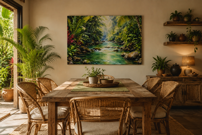 A large rectangular canvas print of a lush tropical jungle stream hangs on a beige wall above a rustic wooden dining table and chairs in a styled interior room.