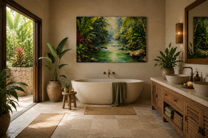 A large rectangular canvas print of a lush tropical jungle river scene hangs on a beige wall in a modern bathroom. The bathroom features a freestanding oval bathtub, a wooden vanity with two white vessel sinks, and several potted plants.