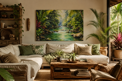 A large rectangular canvas print of a lush tropical forest river scene, displayed on a beige wall above a white sectional sofa in a styled boho living room.