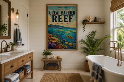 A framed vintage-style travel poster reading 'Discover the Great Barrier Reef Australia' hangs on a white shiplap bathroom wall above a small wooden bench. The room includes a double vanity, brass fixtures, a white freestanding tub, plants, and a window.