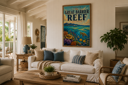 A framed 'Great Barrier Reef' travel poster hangs on a white wall above a cream-colored sofa in a bright, modern living room with blue and beige pillows, a wooden coffee table, and a potted plant.