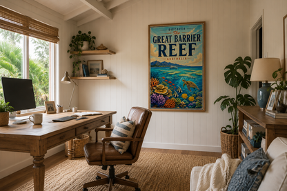 A framed 'Great Barrier Reef' travel poster hangs on a white paneled wall in a bright, modern home office. The room features a wooden desk, a brown leather office chair, a computer monitor, and various plants.