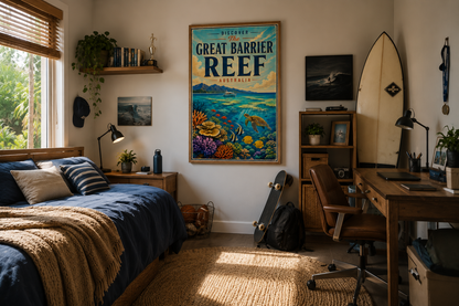 A framed 'Great Barrier Reef Australia' travel poster hangs on a wall in a styled bohemian bedroom. The room features a wooden bed with navy blue bedding, a desk with a computer and chair, a surfboard leaning against the wall, and a jute rug on the floor.