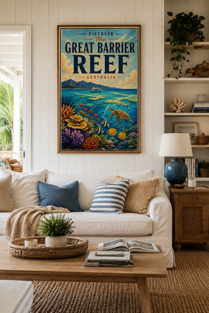 A framed vintage-style travel poster of the Great Barrier Reef, Australia, hanging on a white paneled wall above a beige sofa in a styled living room.