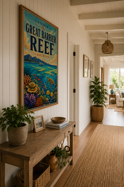 A framed vintage-style travel poster of Great Barrier Reef, Australia, displayed on a white paneled wall in a bright, modern coastal-style hallway with a wooden bench, potted plants, and a woven rug.