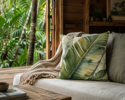 A square decorative throw pillow featuring a green tropical banana leaf pattern, styled on a light beige daybed with a woven beige throw blanket. The setting is a rustic indoor-outdoor space with a wooden door opening to a lush green tropical garden.