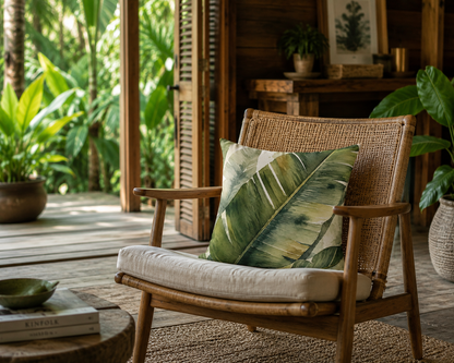 A mid-century modern rattan armchair with a cream cushion and a green banana leaf print throw pillow, set on a rustic wooden porch with tropical plants in the background.