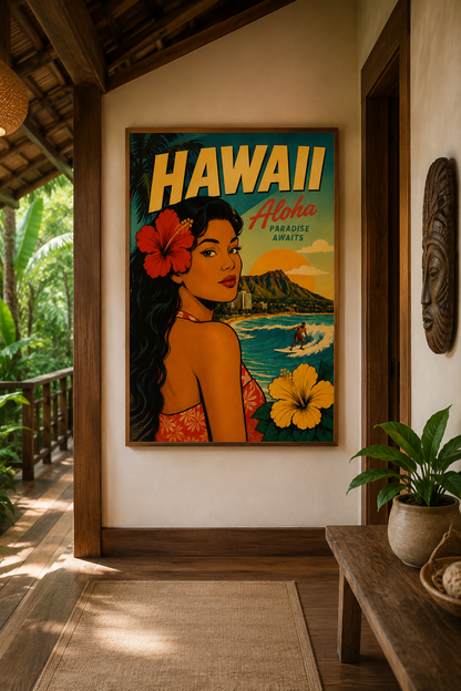 A framed vintage-style Hawaii travel poster hangs on a beige wall in a rustic indoor hallway with wooden beams, a bench, and a potted plant. The poster features the word "HAWAII" in large yellow letters above an illustration of a woman with a red flower in her hair, ocean waves, and tropical scenery.
