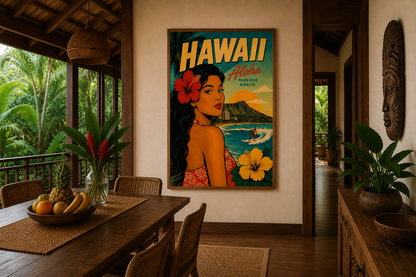 A framed vintage-style Hawaii poster hangs on a beige wall in a tropical dining room. The poster features a woman with a red flower in her hair, yellow flowers, and the words 'HAWAII' and 'Aloha Paradise'.