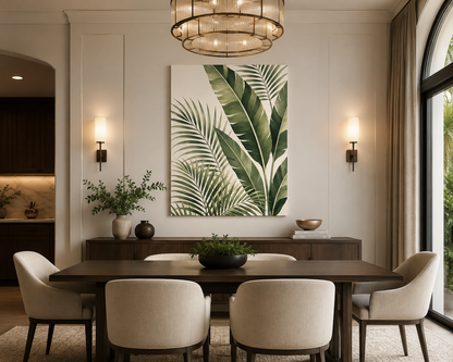 A large vertical canvas print featuring a green tropical palm leaf pattern, displayed on a beige wall in a modern dining room setting above a dark wood table and chairs.