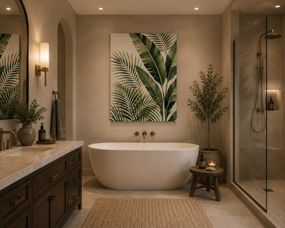 A modern bathroom scene featuring a freestanding white bathtub centered beneath a large vertical canvas print with green tropical palm leaves. The room has warm beige walls, a dark wood vanity with a marble countertop on the left, a glass shower enclosure on the right, and a small wooden stool beside the tub.