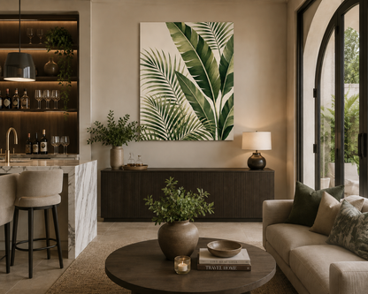 A large vertical canvas print featuring green tropical palm leaves on an off-white background, styled in a modern living room setting above a dark wood console table.