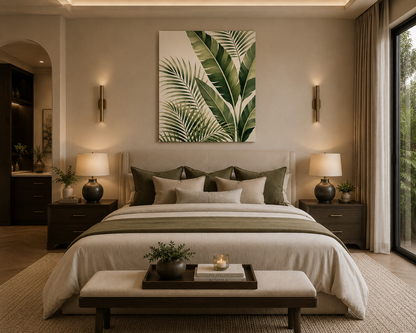 A styled bedroom interior featuring a large square wall art print with green tropical palm leaves centered above a bed. The room has warm neutral walls, matching bedside tables, lamps, curtains, and a bench at the foot of the bed, with a window on the right side.