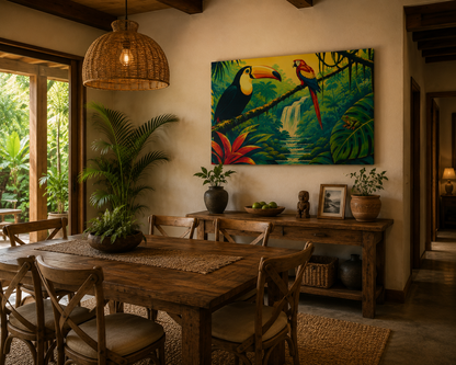 A vibrant tropical painting of toucans and birds on a jungle branch, displayed on a beige wall in a rustic dining room setting with a wooden dining table, chairs, and a sideboard.
