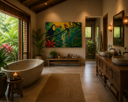 A luxurious tropical-themed bathroom featuring a large colorful toucan painting on the wall, a freestanding oval bathtub by a window with lush greenery outside, a wooden double vanity with vessel sinks, and warm ambient lighting.