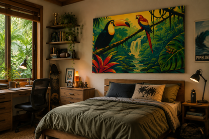 A large rectangular wall art print depicting a tropical jungle scene with a toucan, parrot, waterfall, and lush green foliage, displayed above a bed in a styled bedroom.