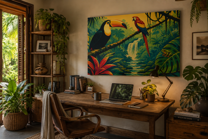 A large rectangular wall art print depicting a tropical jungle scene with a toucan and a colorful parrot hangs above a wooden desk in a styled home office. The room includes plants, shelving, a chair, books, and a lamp.