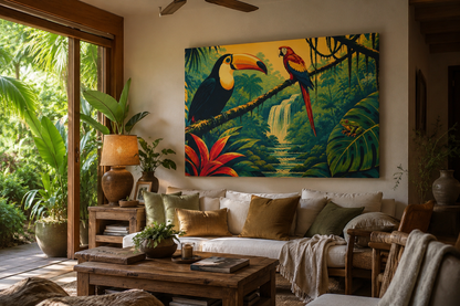 A large square canvas wall art print depicting a vibrant tropical jungle scene with a toucan and a parrot, displayed in a beautifully styled living room above a white sofa with green and gold pillows.