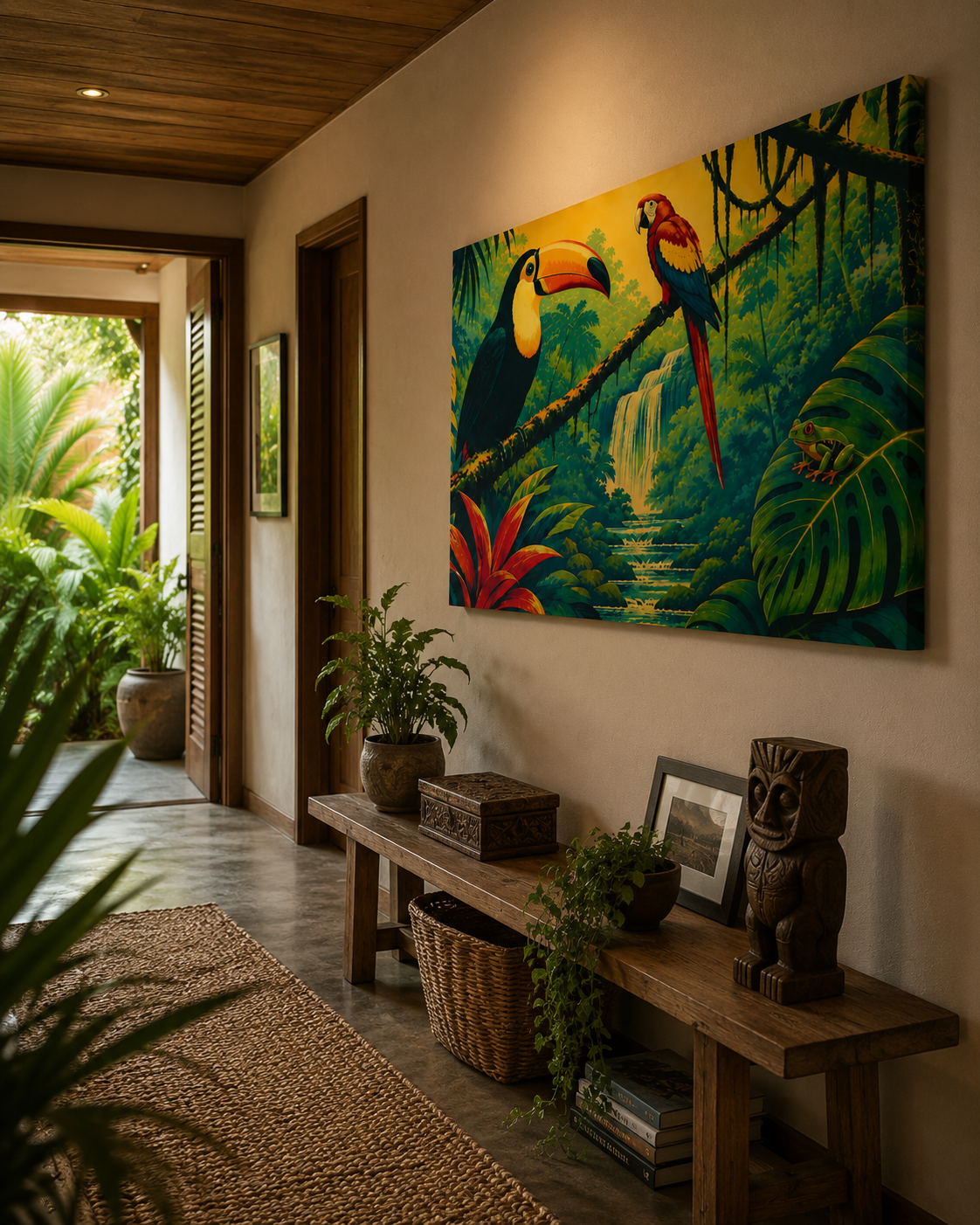 Tropical Toucan Canvas Wall Art – Jungle Parrot Waterfall Matte Stretched Print