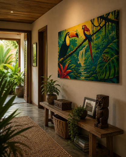 A large rectangular wall art print depicting a colorful tropical jungle scene with toucan and parrot birds hangs on a beige wall in a styled interior hallway with plants, a wooden bench, and decor.
