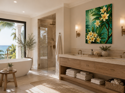 A luxury modern bathroom featuring a double vanity with a large tropical floral painting on the wall, a glass walk-in shower, a freestanding bathtub with an ocean view, and warm wall sconces.