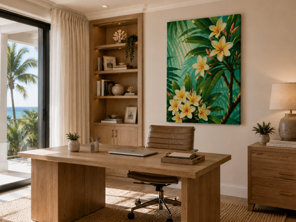 A large vertical canvas print of tropical plumeria flowers hanging on a beige wall in a modern home office with a wooden desk and chair.