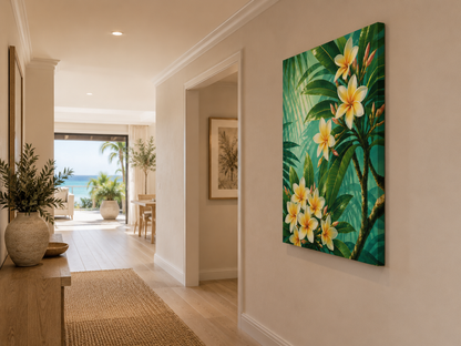 A vertical canvas wall art print featuring a tropical green jungle scene with white plumeria flowers, displayed on a beige wall in a modern, sunlit hallway.