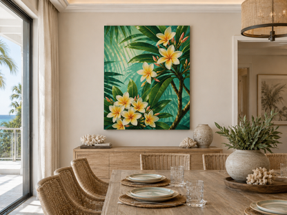 A square canvas wall art print featuring yellow tropical plumeria flowers and green palm leaves, displayed in a modern dining room setting above a wooden console table.