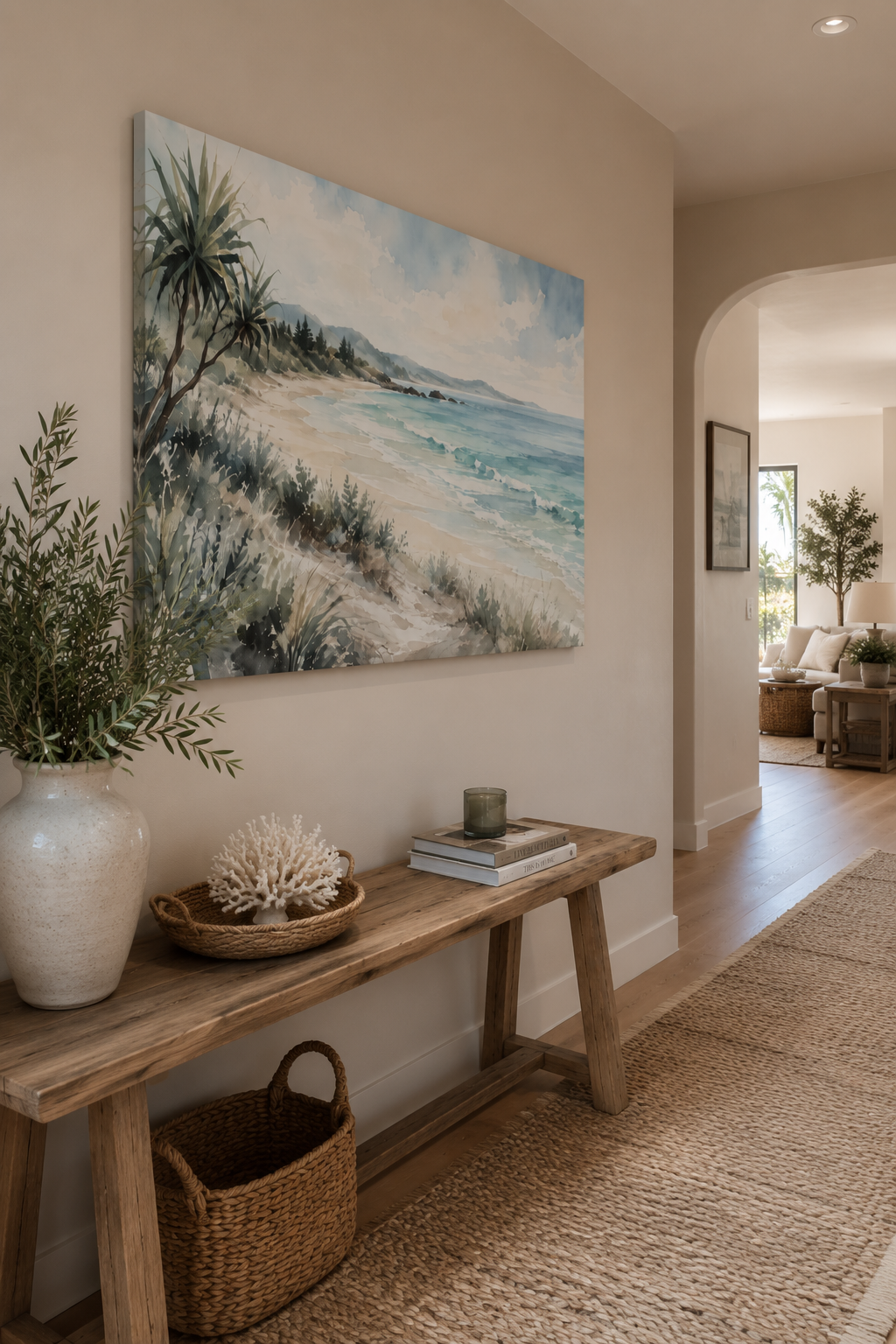 Coastal Beach Watercolor Canvas Print — Stretched Seascape Wall Art