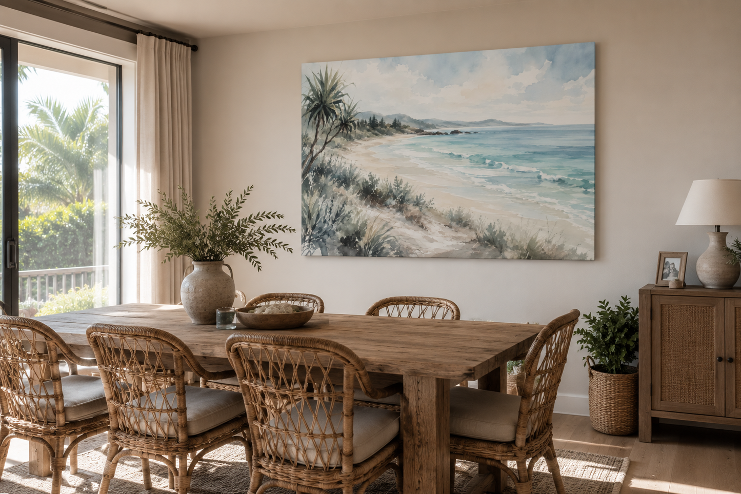 Coastal Beach Watercolor Canvas Print — Stretched Seascape Wall Art