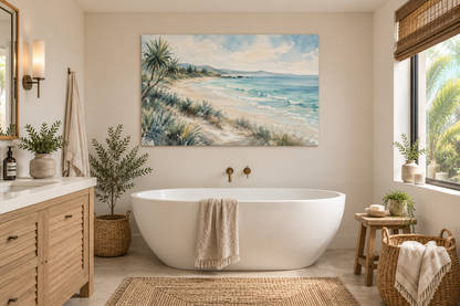 Coastal Beach Watercolor Canvas Print — Stretched Seascape Wall Art