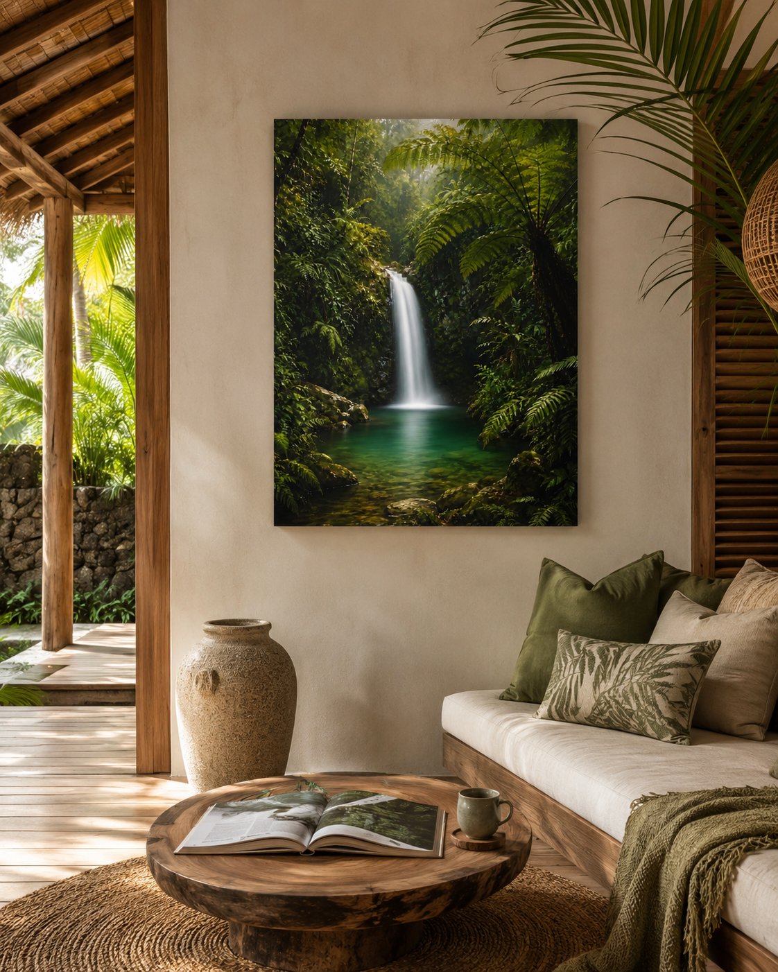 Tropical Waterfall Canvas Print — Lush Green Rainforest Wall Art