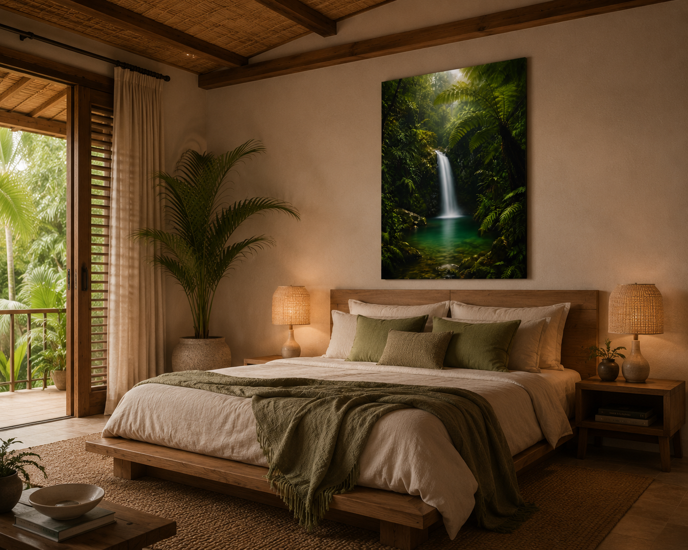 Tropical Waterfall Canvas Print — Lush Green Rainforest Wall Art