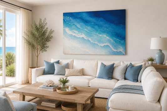 A large rectangular canvas print of blue ocean waves hangs on a beige wall above a white sectional sofa in a bright, modern living room.