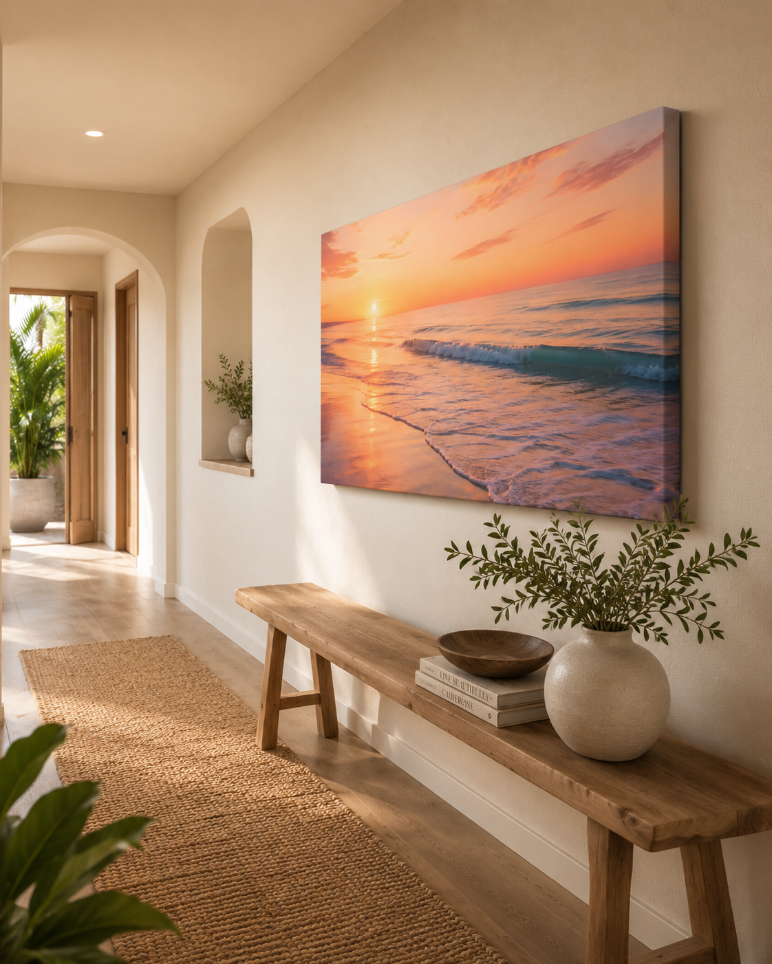 Sunset Beach Panoramic Canvas Print — Stretched Matte Coastal Wall Art