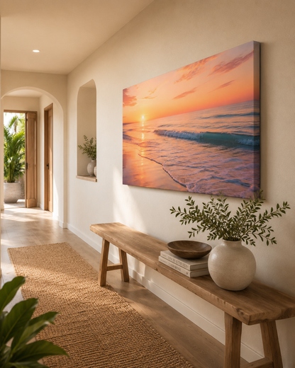 Sunset Beach Panoramic Canvas Print — Stretched Matte Coastal Wall Art