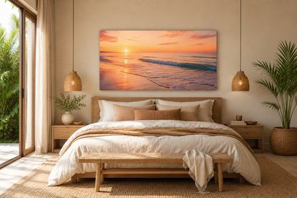 Sunset Beach Panoramic Canvas Print — Stretched Matte Coastal Wall Art
