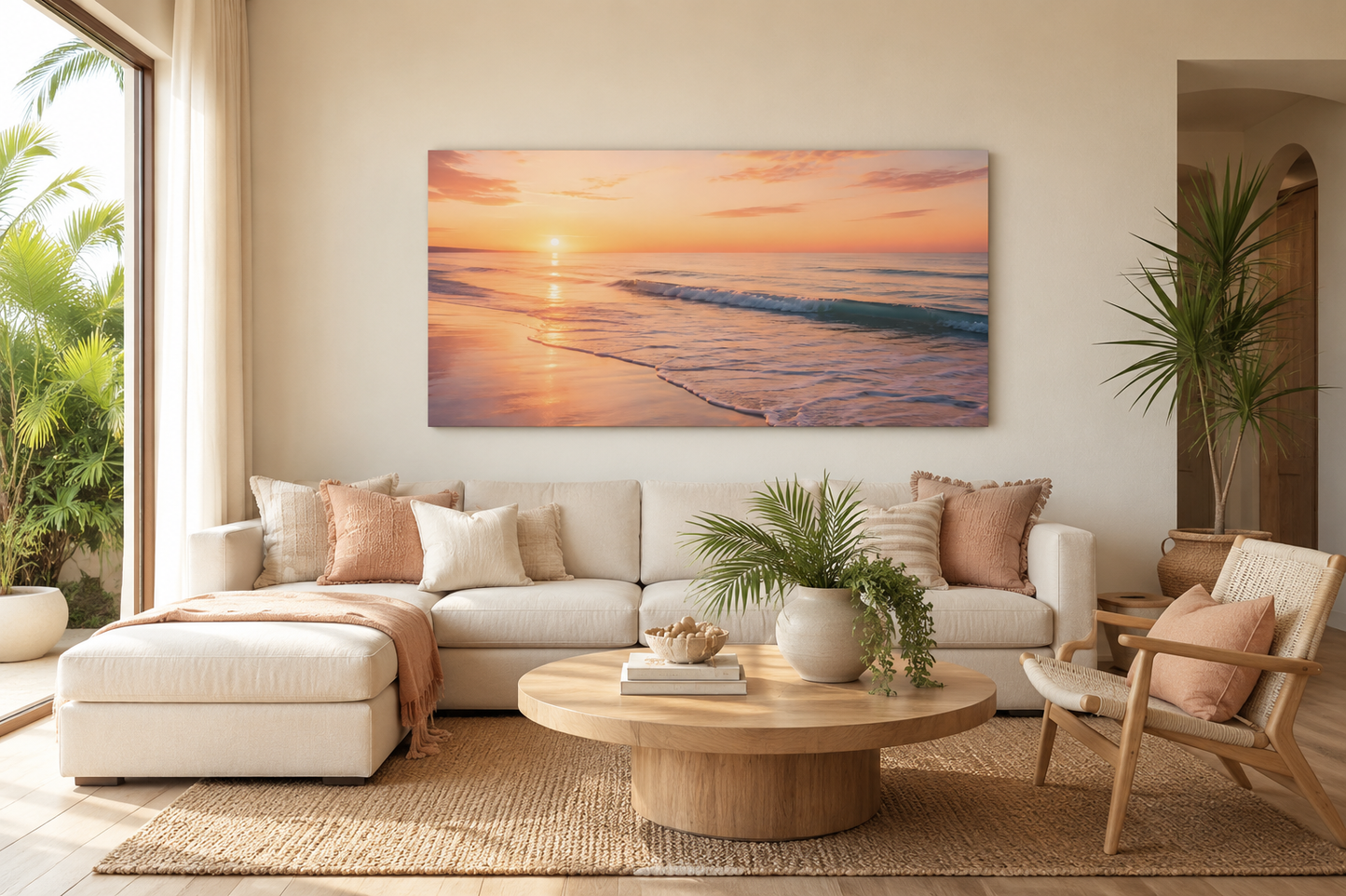 Sunset Beach Panoramic Canvas Print — Stretched Matte Coastal Wall Art