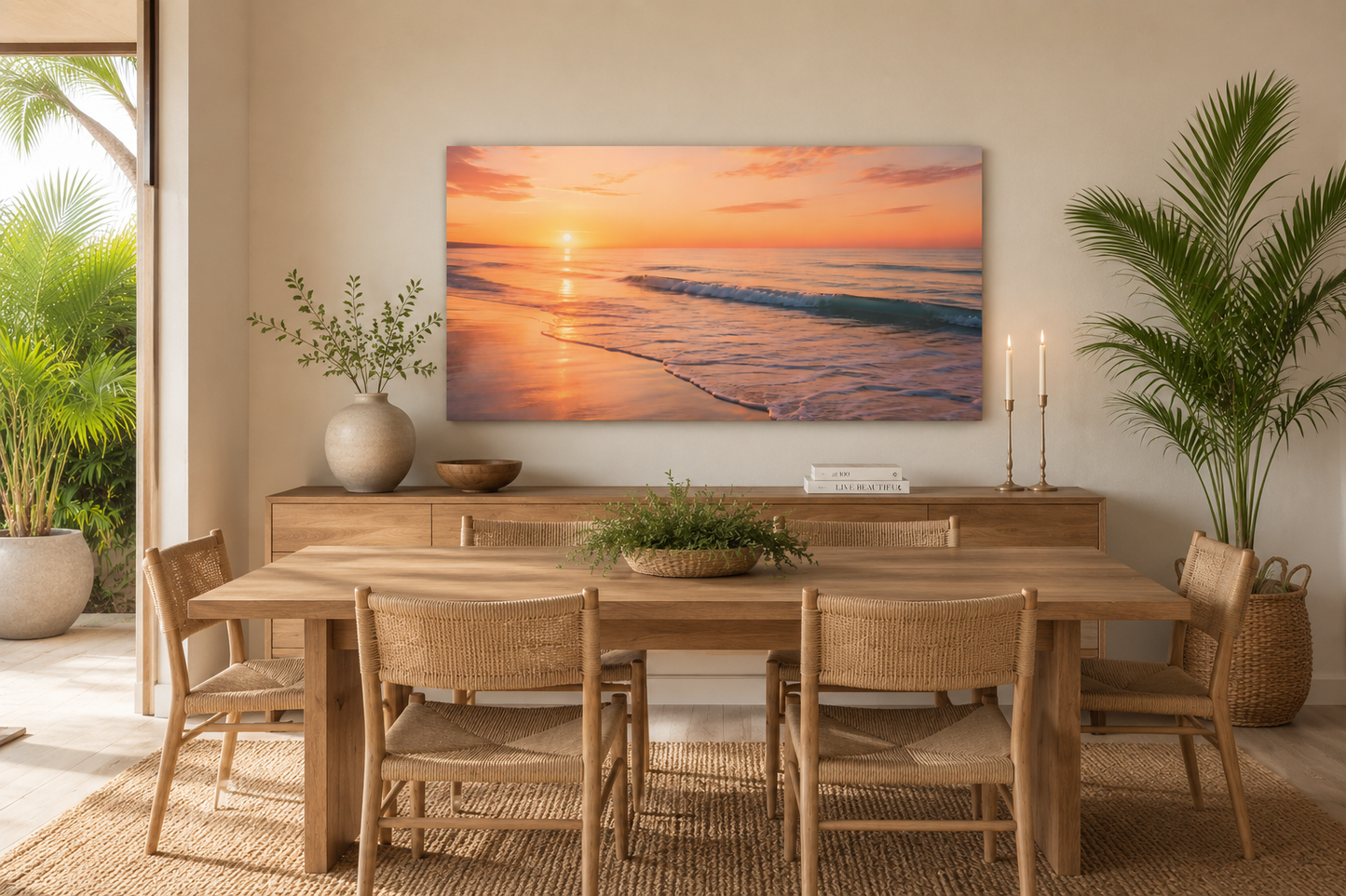 Sunset Beach Panoramic Canvas Print — Stretched Matte Coastal Wall Art