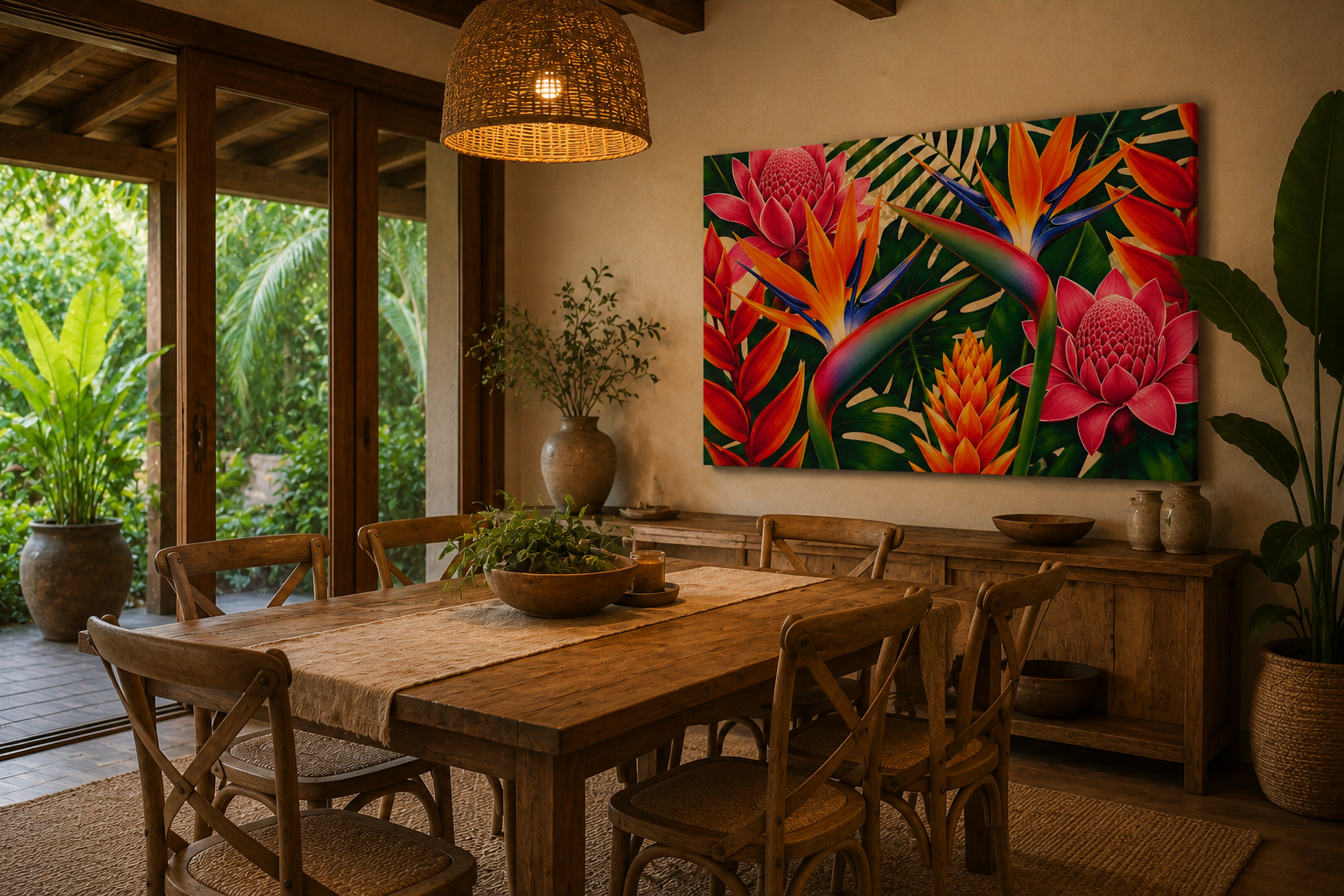 A large rectangular canvas print featuring a vibrant tropical floral design with pink, orange, red, and green leaves, displayed on a beige wall in a rustic wooden dining room setting.