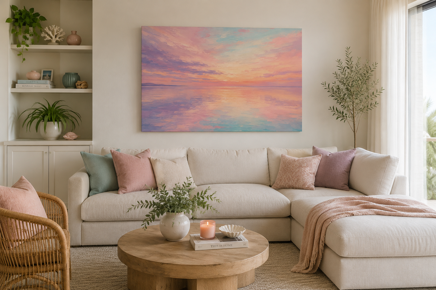 Sunset Sea Reflection Canvas Wall Art — Pastel Beach Sunset Landscape, Stretched 1.25"