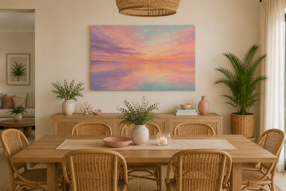Sunset Sea Reflection Canvas Wall Art — Pastel Beach Sunset Landscape, Stretched 1.25"