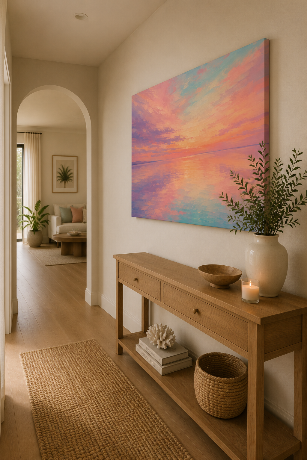 Sunset Sea Reflection Canvas Wall Art — Pastel Beach Sunset Landscape, Stretched 1.25"