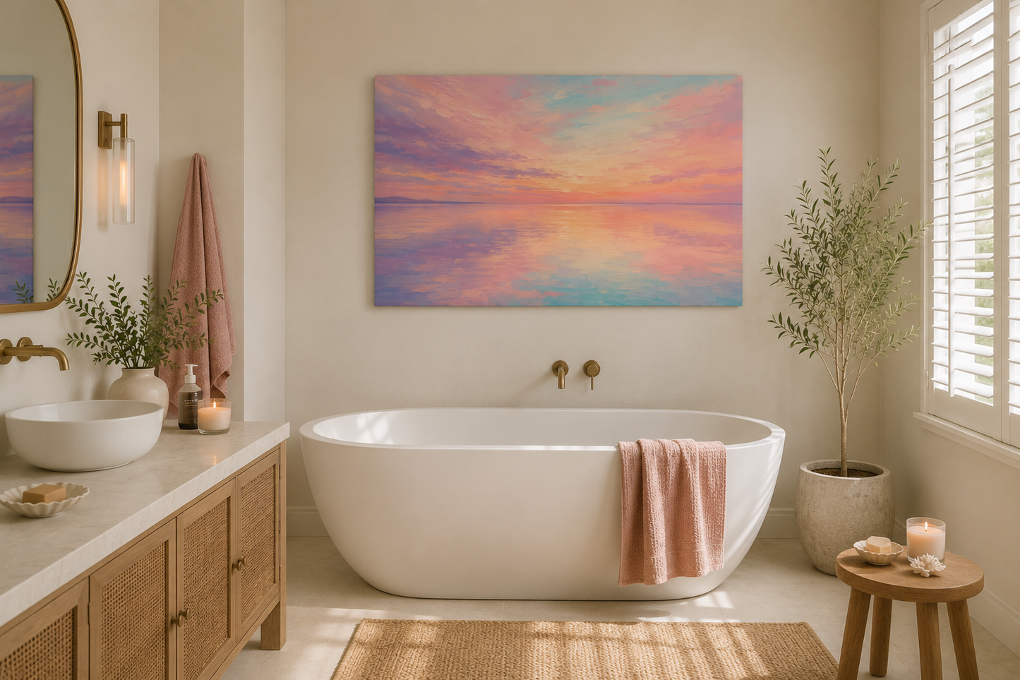 Sunset Sea Reflection Canvas Wall Art — Pastel Beach Sunset Landscape, Stretched 1.25"