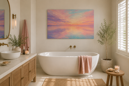 Sunset Sea Reflection Canvas Wall Art — Pastel Beach Sunset Landscape, Stretched 1.25"
